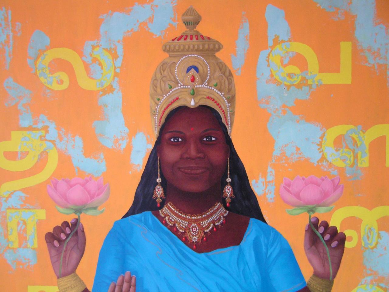 Déesse indienne lakshmi : huile sur toile 1m90 sur 1m60, 1250 euros