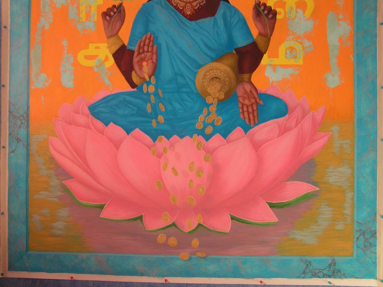 Déesse indienne lakshmi : huile sur toile 1m90 sur 1m60, 1250 euros