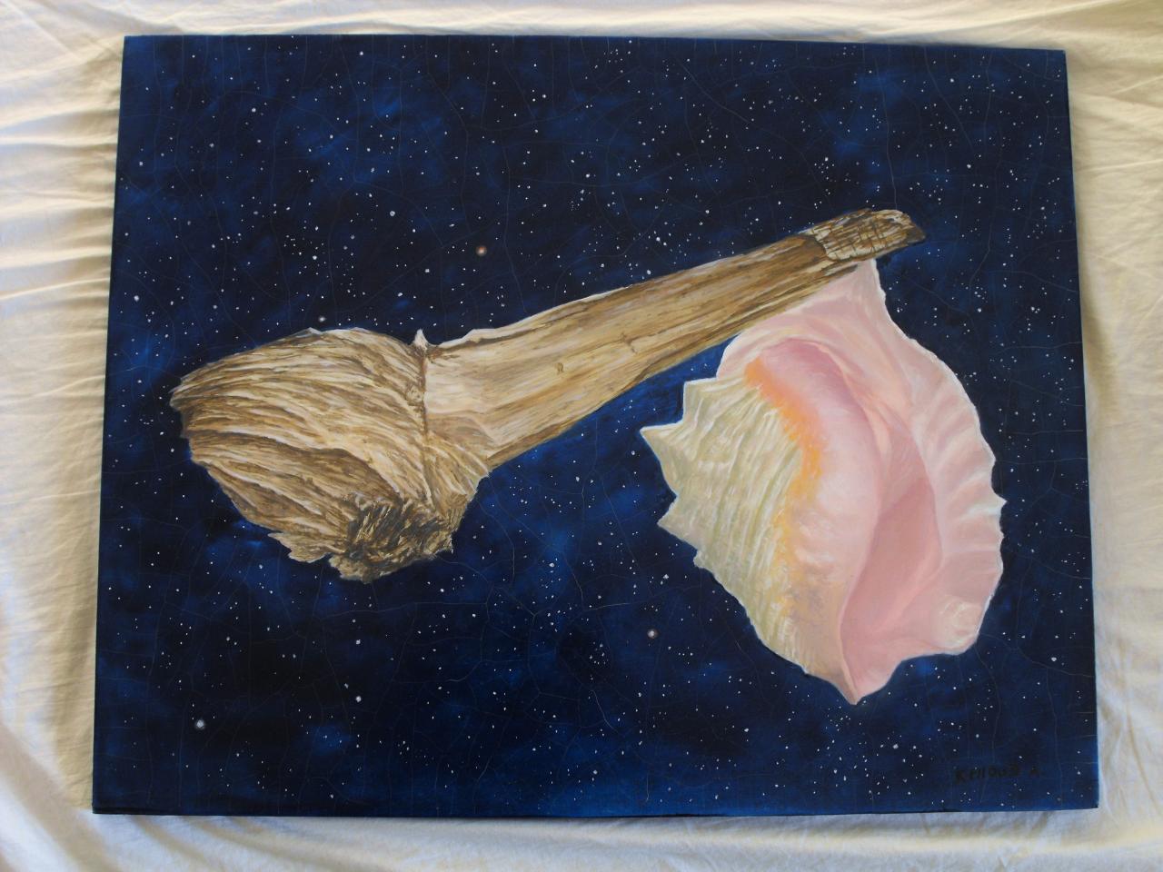 Nature morte en lévitation : huile sur bois ,52,5 cm sur 42 cm ,300 euros .
