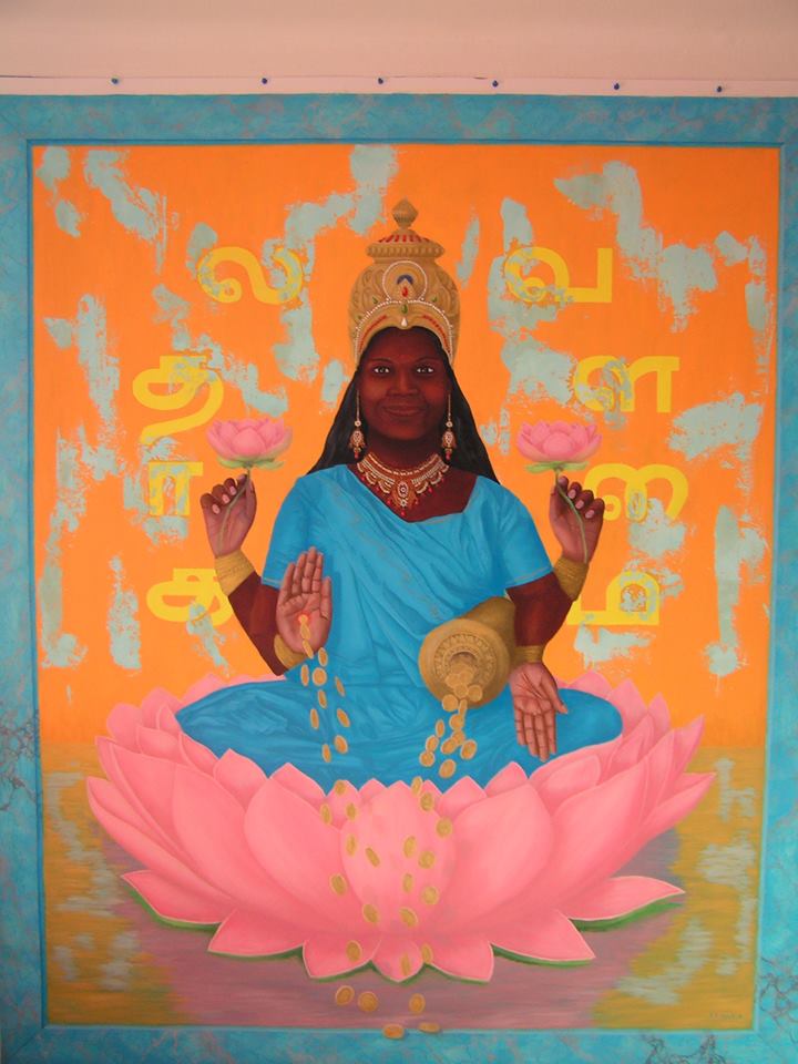 Déesse indienne lakshmi : huile sur toile 1m90 sur 1m60, 1250 euros